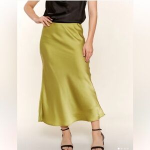 Satin Midi Slip Skirt in Olive Green